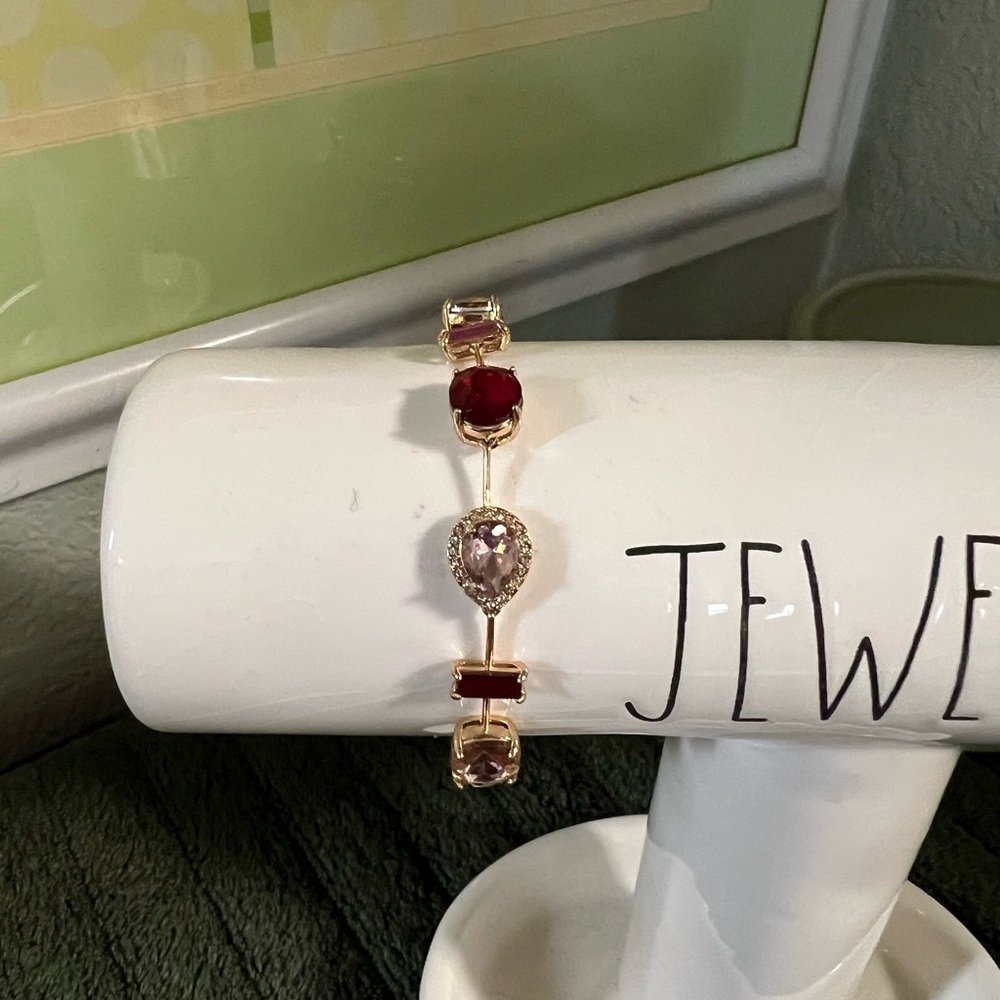 NWT Gold-Tone Bracelet with Red and Light Pink Gem Accents #JW3